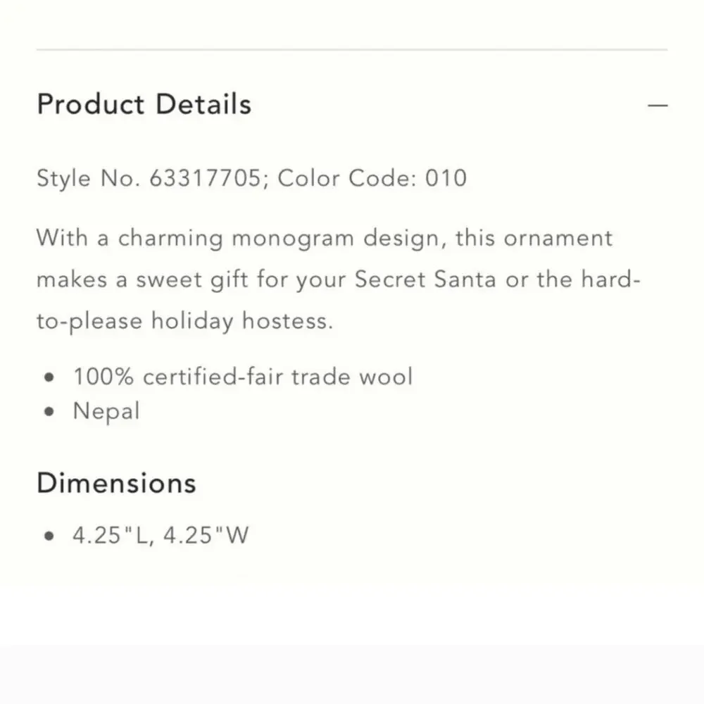 Anthropologie monogram Christmas wool oranment letter U nwts